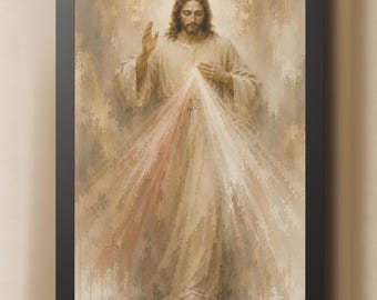 Divine Mercy Jesus Framed Canvas Wall Art, Jesus I Trust in You Catholic Art, Neutral Christian Home Decor