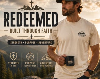 Christian Mountain Shirt for Men, Comfort Colors 1717 Tee, Redeemed Outdoors Shirt, Faith Based Graphic Tee, Christian Gift for Him