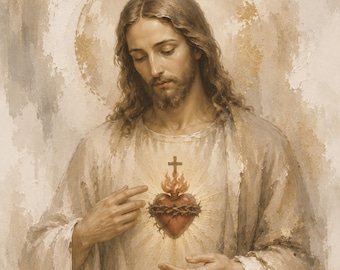 Sacred Heart of Jesus Wall Art, Catholic Print or Canvas, Neutral Christian Home Decor