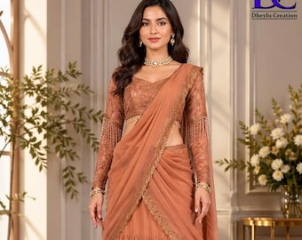 Designer Lehenga Saree Georgette Sequence Work, India Saree with Blouse