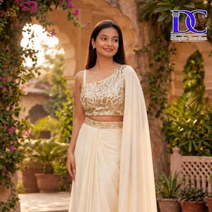 Peut inclure: Ensemble de cérémonie ivoire avec un haut asymétrique orné de sequins dorés, une jupe assortie et une cape fluide. La tenue comprend une ceinture à sequins dorés. Le fond montre un jardin.