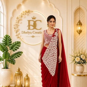 May include: A deep red sleeveless blouse and matching draped skirt ensemble featuring a prominent silver sequined peacock feather motif that extends from the shoulder down to the hip, creating a structured and elegant silhouette.