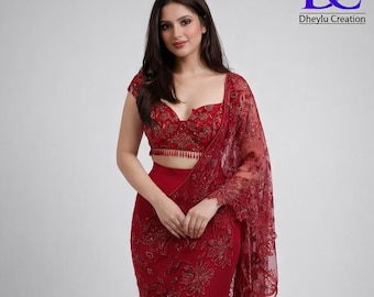 Red Pre Draped Sequin Embroidered Saree, Ready to Wear Lehenga Saree