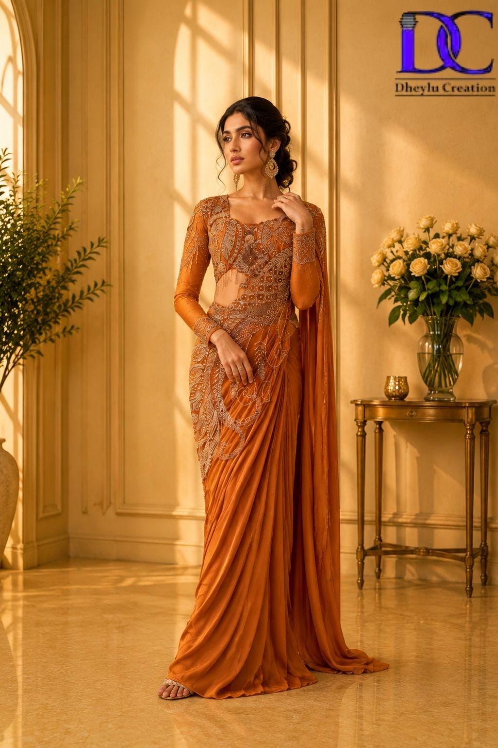 Burnt Orange Silk Saree, Embroidered Wedding Guest, Reception Party Wear, Bridesmaid Outfit, Custom Blouse