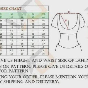 May include: A blouse size chart with a table listing measurements in inches from XS to XXL, alongside two line drawings of a blouse showing points of measurement labeled A through I. Text includes instructions for custom lahenga sizing and order details.