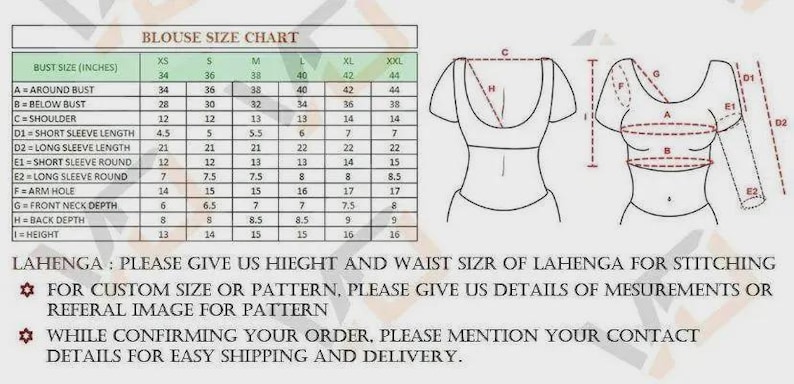 May include: A blouse size chart with a table listing measurements in inches from XS to XXL, alongside two line drawings of a blouse showing points of measurement labeled A through I. Text includes instructions for custom lahenga sizing and order details.