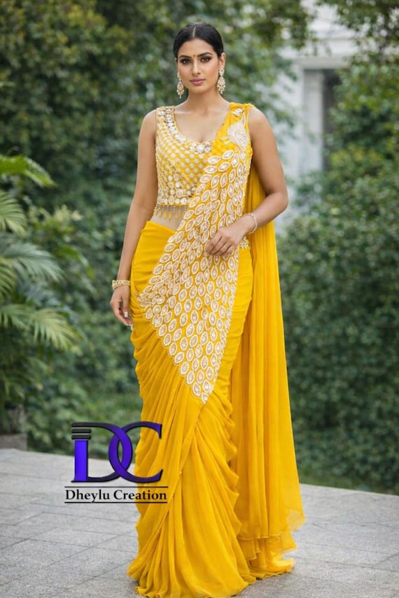 Elegant Yellow Chinnon Silk Ready to Wear Saree, Designer Embroidered Saree with Stitched Blouse
