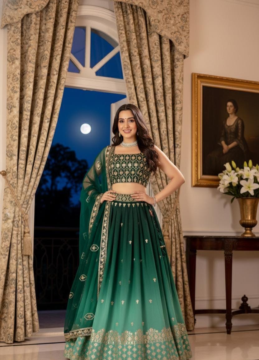 Emerald Green Ombre Silk Lehenga With Intricate Golden Embroidery