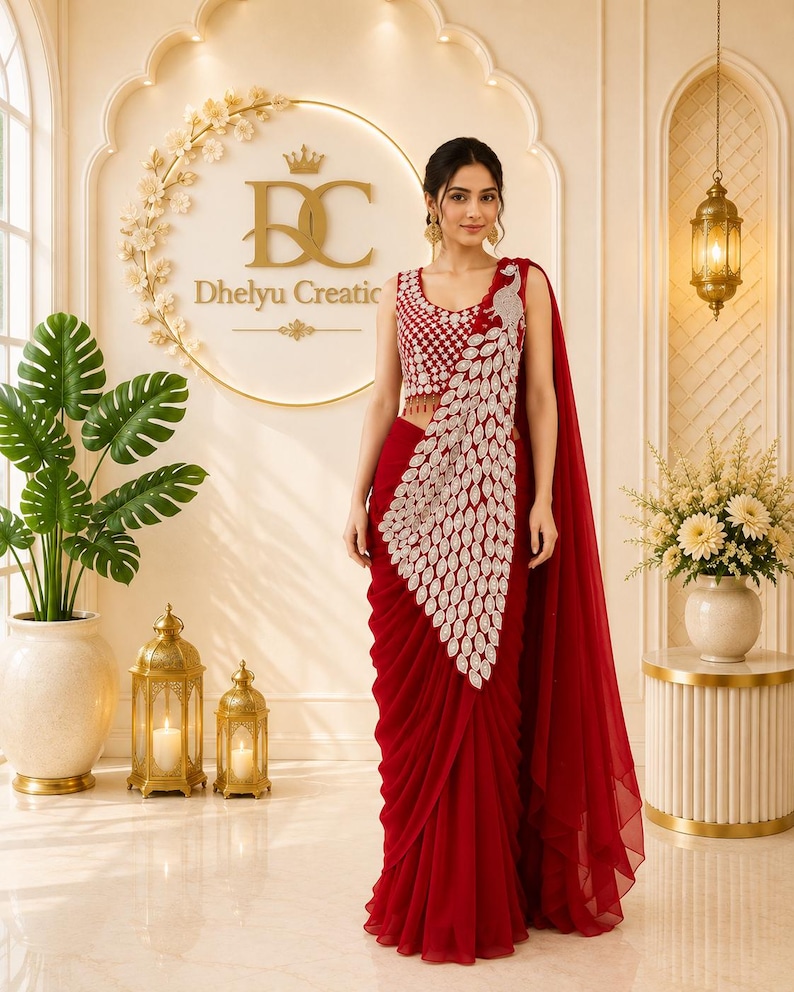 May include: A deep red sleeveless blouse and matching draped skirt ensemble featuring a prominent silver sequined peacock feather motif that extends from the shoulder down to the hip, creating a structured and elegant silhouette.
