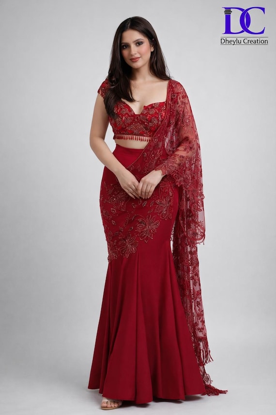 Red Pre Draped Sequin Embroidered Saree, Ready to Wear Lehenga Saree