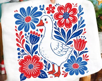 Boho Patriotic Goose PNG, Red White Blue Floral Goose Shirt Design, 4th of July Boho Sublimation, USA Wildflower Digital Download PNG