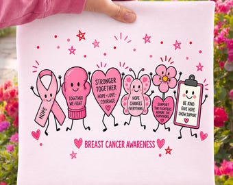 PNG de concienciación sobre el cáncer de mama, lindo dibujo de lazo rosa, más fuertes juntos, esperanza, amor, coraje, diseño de sublimación de apoyo a sobrevivientes