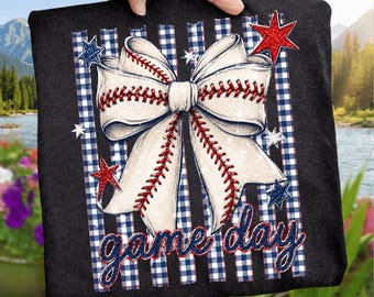 Día de partido de béisbol PNG, lazo de béisbol Coquette, cuadros vichy rojos, blancos y azules, puntada de béisbol, sublimación de deportes patrióticos, descarga digital