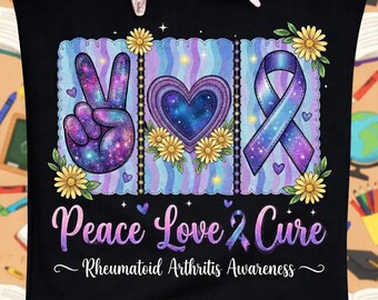 Rheumatoid Arthritis Awareness PNG, Peace Love Cure Sublimation Design, Purple Ribbon Floral Galaxy Shirt Graphic Download