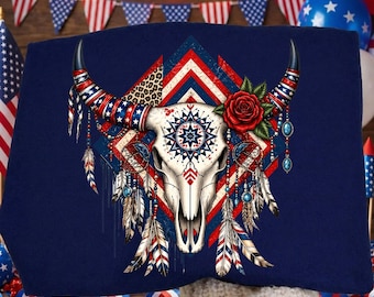 Patriotic Bull Skull PNG, Western Boho Cow Skull Clipart, Red White Blue Sublimation Design, Floral Feather Digital Download for Shirts