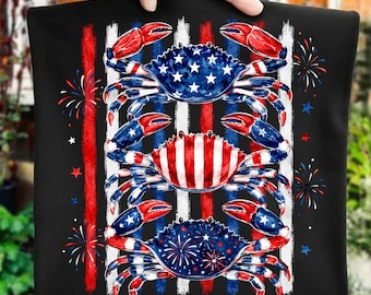 4th of July Crab PNG, Patriotic Blue Crab Clipart, Red White Blue Coastal Sublimation Design, Fireworks Summer Beach Digital Download