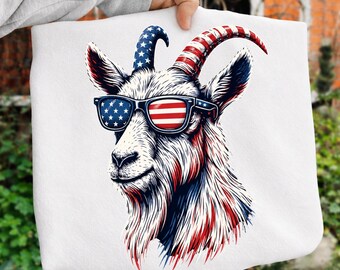 Patriotic Goat PNG, 4th of July Animal Sublimation Design, USA Flag Sunglasses Clipart for Shirts, Tumblers, Stickers, Party Decor