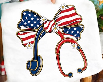 Patriotic Nurse Stethoscope Bow PNG, Independence Day Sublimation, Coquette USA Flag Clipart, Memorial Day Nurse 4th of July Design