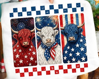 Patriotic Highland Cow PNG Trio, 4th of July Cow Shirt Design, Red White Blue Highland Cattle Sublimation, Americana Digital Download PNG