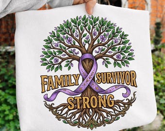 Family Survivor Strong PNG, Purple Ribbon Awareness Tree Clipart, Digital Download, Sublimation Design for Shirts, Gifts and Tumblers
