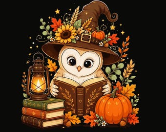 Búho Bruja de Otoño PNG, Lindo Clipart de Lectura de Otoño, Sublimación de Calabaza Girasol Amante de los Libros, Diseño Acogedor de Camiseta de Halloween Descarga Digital