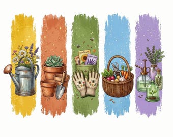 Herramientas de jardinería PNG, imágenes prediseñadas de jardín rústico, regadera, macetas, guantes, cesta de verduras para sublimación, diseño de camiseta de jardinero, descarga digital