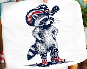 Cowboy Raccoon PNG, Patriotic Western Raccoon Shirt Design, 4th of July Cowboy Hat Boots Sublimation, Country USA Digital Download PNG