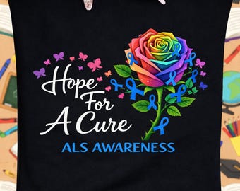 Hope For A Cure ALS Awareness PNG, Rainbow Rose Blue Ribbon Digital Download, Butterfly Support Design for Shirt Mug Tumbler Sticker