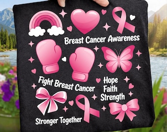 PNG de concienciación sobre el cáncer de mama, guantes de boxeo con lazo rosa, esperanza, fe, fuerza, mariposa "Más fuertes juntos", diseño de sublimación