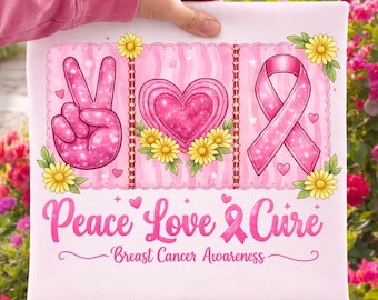 PNG de concienciación sobre el cáncer de mama, diseño de lazo rosa "Paz, Amor, Cura", gráfico floral por sublimación, descarga digital de camiseta de apoyo a supervivientes