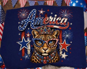 Patriotic Leopard Striped PNG, 4th of July Sublimation Design, America Fireworks Clipart, Crown Sunglasses Digital Download Printable Art