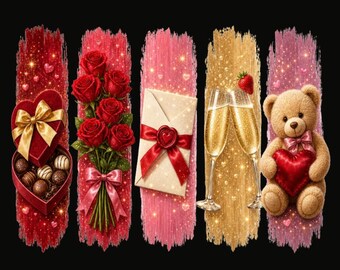 PNG de amor de San Valentín, imágenes prediseñadas de regalos románticos, rosas, chocolate, osito de peluche, champán, sublimación, diseño de camiseta y vaso para enamorados en formato PNG.