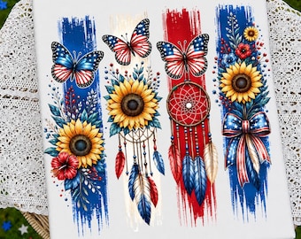 4th of July PNG Bundle, Patriotic Butterfly Sunflower Dreamcatcher Clipart, Red White Blue Floral Sublimation Design, Digital Download