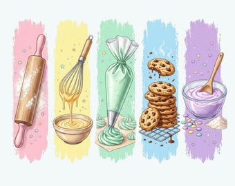 Utensilios de repostería en tonos pastel PNG, diseño de camiseta de repostero adorable, batidor de galletas y rodillo para sublimación, gráfico de cocina para vasos y camisetas.
