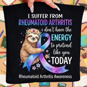Rheumatoid Arthritis Awareness PNG, Sloth Sublimation Design, Chronic Illness Support Shirt Graphic, Purple Blue Ribbon Clipart File