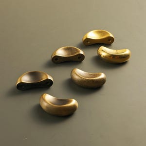 May include: Six brass cabinet pulls in various finishes, including polished gold and antique bronze. Each pull has a curved, ergonomic design with two pre-drilled holes for mounting. The hardware is arranged on a neutral grey background.