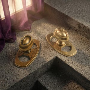 May include: Two oval-shaped metal door knobs with matching rectangular backplates. One knob features a dark, aged bronze finish with visible patina, while the other has a smooth, matte gold finish. Both knobs have a central oval grip.