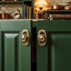 May include: Two dark green wooden cabinet doors featuring a prominent wood grain texture. Each door is fitted with a circular brass-toned knob centered on an oval-shaped decorative backplate, creating a symmetrical appearance.