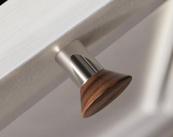 Tapered wooden knob with metal base/Solid wood drawer pulls/ walnut drawer Knobs Pulls, Minimalism Wood Cabinet Pulls Handles