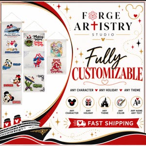 May include: A set of three white fabric wall hangings with wooden dowels, featuring various colorful cartoon character graphics and personalized names. The text Forge Artistry Studio is displayed alongside the words Fully Customizable.