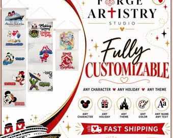 May include: A set of three white fabric wall hangings with wooden dowels, featuring various colorful cartoon character graphics and personalized names. The text Forge Artistry Studio is displayed alongside the words Fully Customizable.