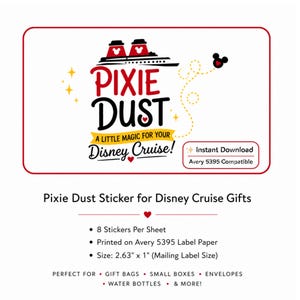 Pode incluir: Um design de adesivo retangular com um ícone de navio de cruzeiro preto com orelhas de Mickey Mouse vermelhas, o texto PIXIE DUST e A LITTLE MAGIC FOR YOUR Disney Cruise! em preto e vermelho. Inclui caixa Instant Download e 6,68 cm por 2,54 cm.