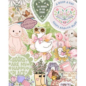 May include: A collage of stickers and illustrations with a book theme. Includes a bunny, duck, and floral elements. Text includes "She's got a book for every situation," "All booked up for spring," and "Books are my happy place."