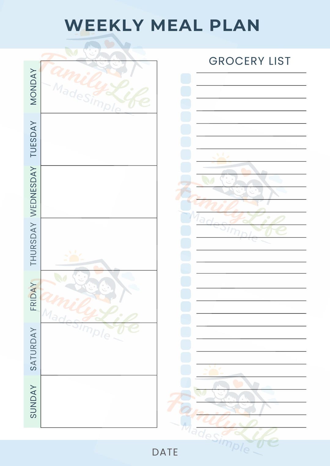 Family Meal Planner Printable | Weekly Grocery List, A4 PDF - Etsy