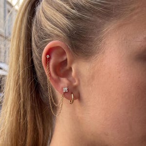 18K Gold Filled Double Piercing Chain Earrings, Flower CZ Helix to Lobe Chain Studs, 2 Hole Earring, Christmas Anniversary Gift for Her