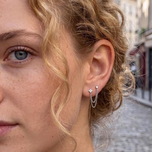 18K Gold Filled Double Piercing Chain Earrings, Flower CZ Connected Studs, Double Chain Piercing, Graduation Wedding Christmas Gift