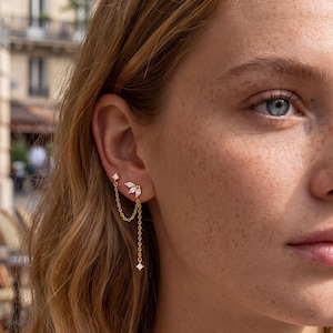 Double Piercing Chain Earring, 18K Gold Filled Two Hole Earring, Dainty CZ Studs, Christmas Gift for Her, Thanksgiving Jewelry Gift