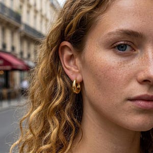 May include: A small, thick, polished gold hoop earring with a smooth, rounded surface. The earring features a classic circular design that sits securely in the earlobe, showcasing a reflective metallic finish and a simple, continuous loop structure.
