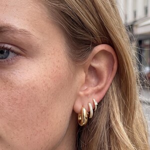 18K Gold Filled Huggie Hoop Earrings Set, Chunky Tear Drop and CZ Pave Hoop Earrings for Multiple Piercings, Small Gold Hoops, Gift