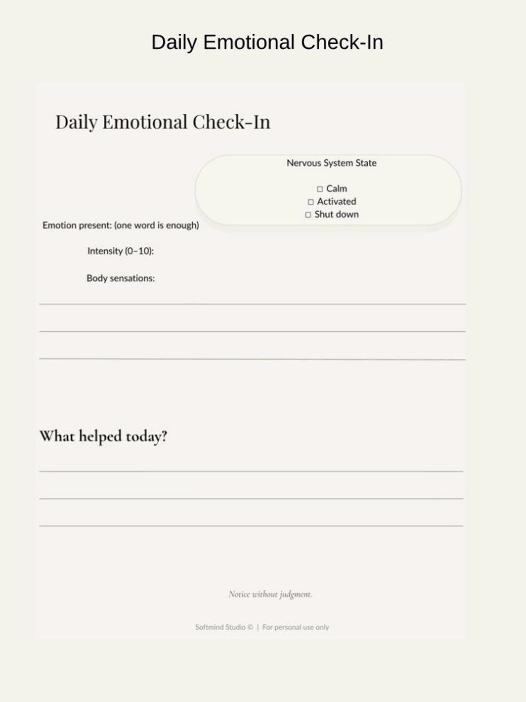 Daily Emotional Check-in Printable | One Page Mood & Emotion Tracker ...